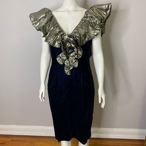 Cocktail party dress | blue velvet & gold